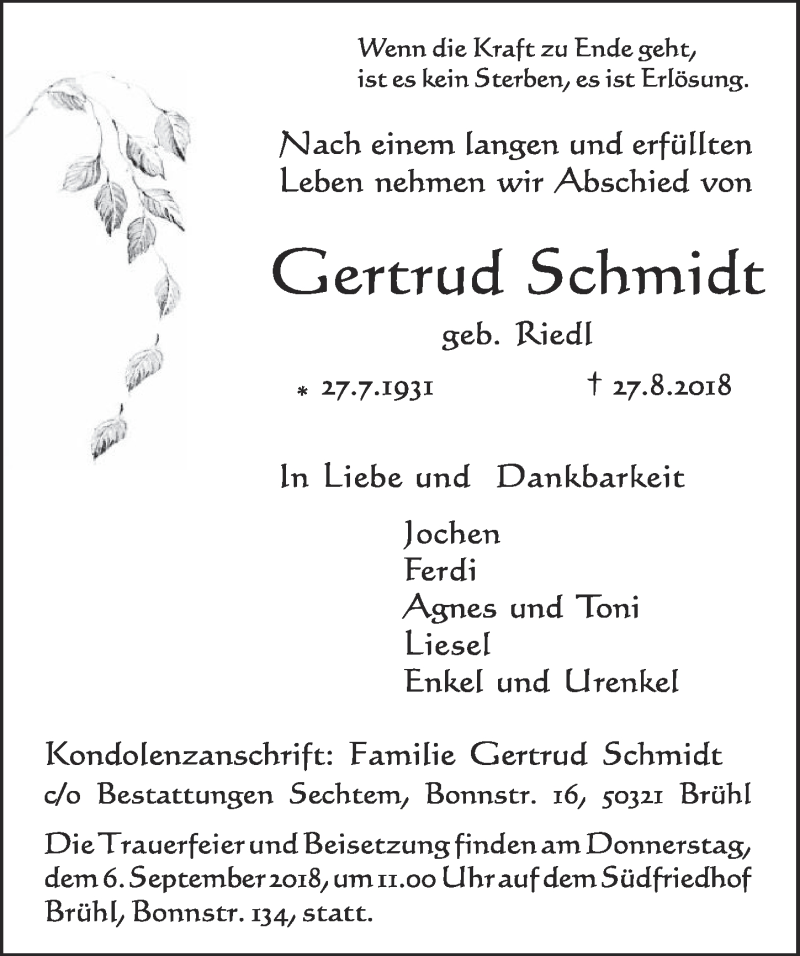  Traueranzeige für Gertrud Schmidt vom 05.09.2018 aus  Schlossbote/Werbekurier 