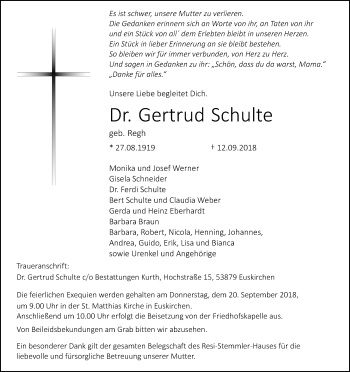 Anzeige von Gertrud Schulte von Kölner Stadt-Anzeiger / Kölnische Rundschau / Express