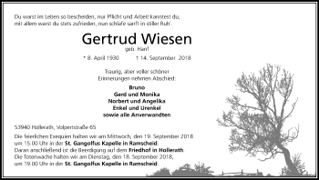 Anzeige von Gertrud Wiesen von Kölner Stadt-Anzeiger / Kölnische Rundschau / Express