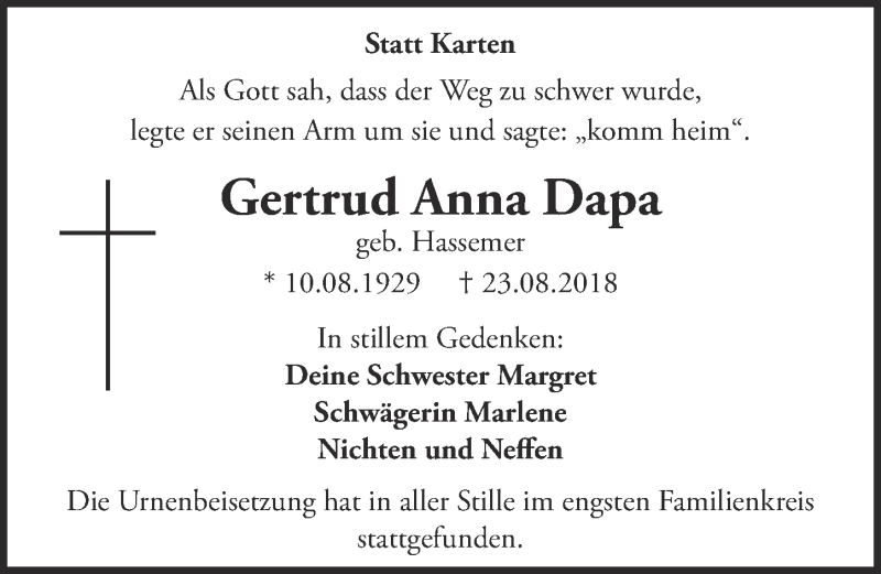  Traueranzeige für Gertrud Anna Dapa vom 19.09.2018 aus  Kölner Wochenspiegel 