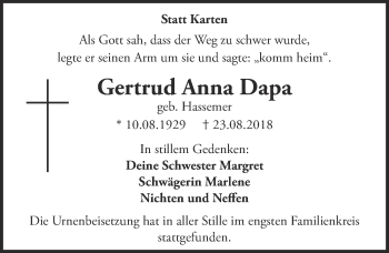 Anzeige von Gertrud Anna Dapa von  Kölner Wochenspiegel 