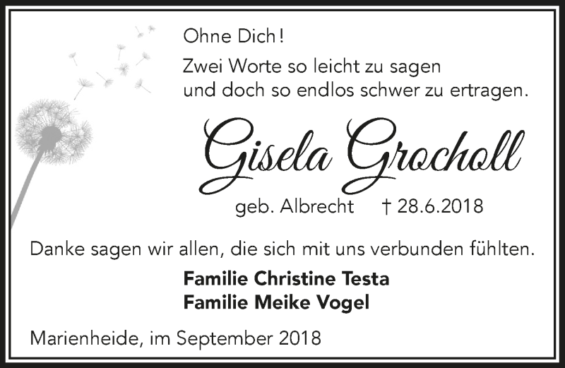  Traueranzeige für Gisela Grocholl vom 12.09.2018 aus  Anzeigen Echo 