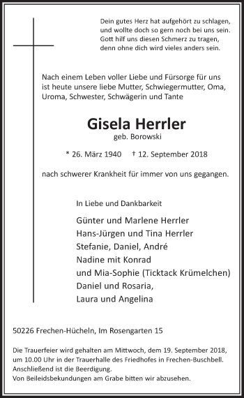 Anzeige von Gisela Herrler von  Sonntags-Post 