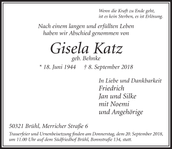 Anzeige von Gisela Katz von  Schlossbote/Werbekurier 
