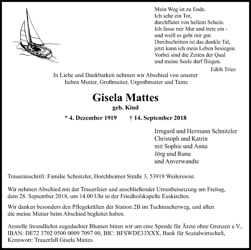  Traueranzeige für Gisela Mattes vom 21.09.2018 aus Kölner Stadt-Anzeiger / Kölnische Rundschau / Express
