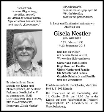 Anzeige von Gisela Nestler von Kölner Stadt-Anzeiger / Kölnische Rundschau / Express