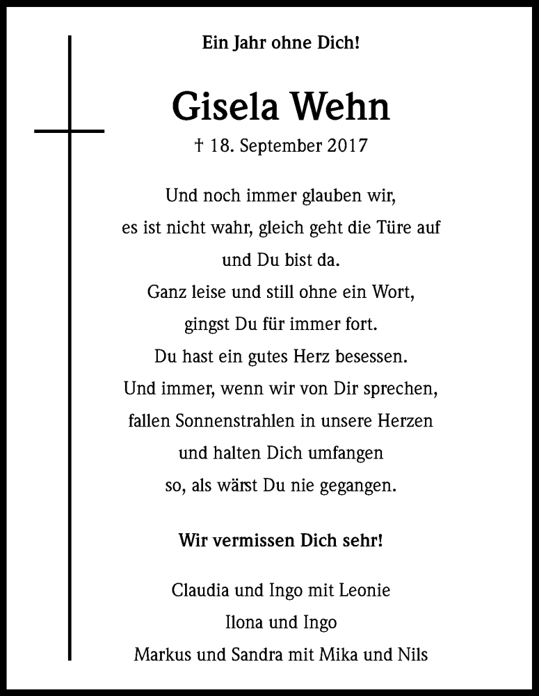  Traueranzeige für Gisela Wehn vom 18.09.2018 aus Kölner Stadt-Anzeiger / Kölnische Rundschau / Express
