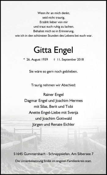 Anzeige von Gitta Engel von  Anzeigen Echo 