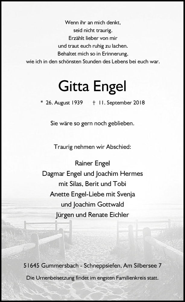  Traueranzeige für Gitta Engel vom 19.09.2018 aus  Anzeigen Echo 