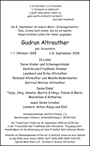 Anzeige von Gudrun Altreuther von Kölner Stadt-Anzeiger / Kölnische Rundschau / Express