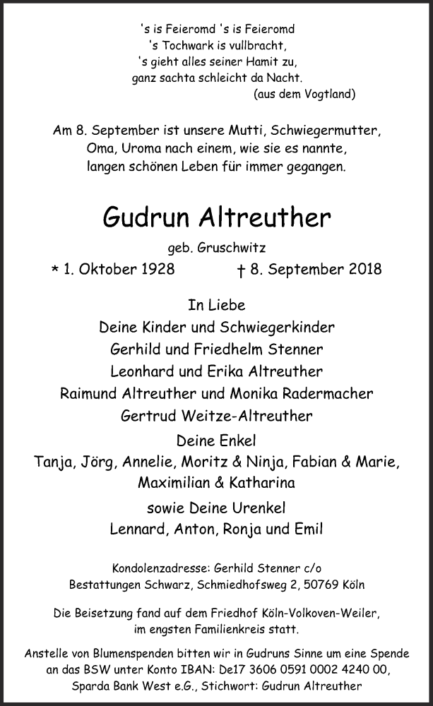  Traueranzeige für Gudrun Altreuther vom 19.09.2018 aus  Kölner Wochenspiegel 