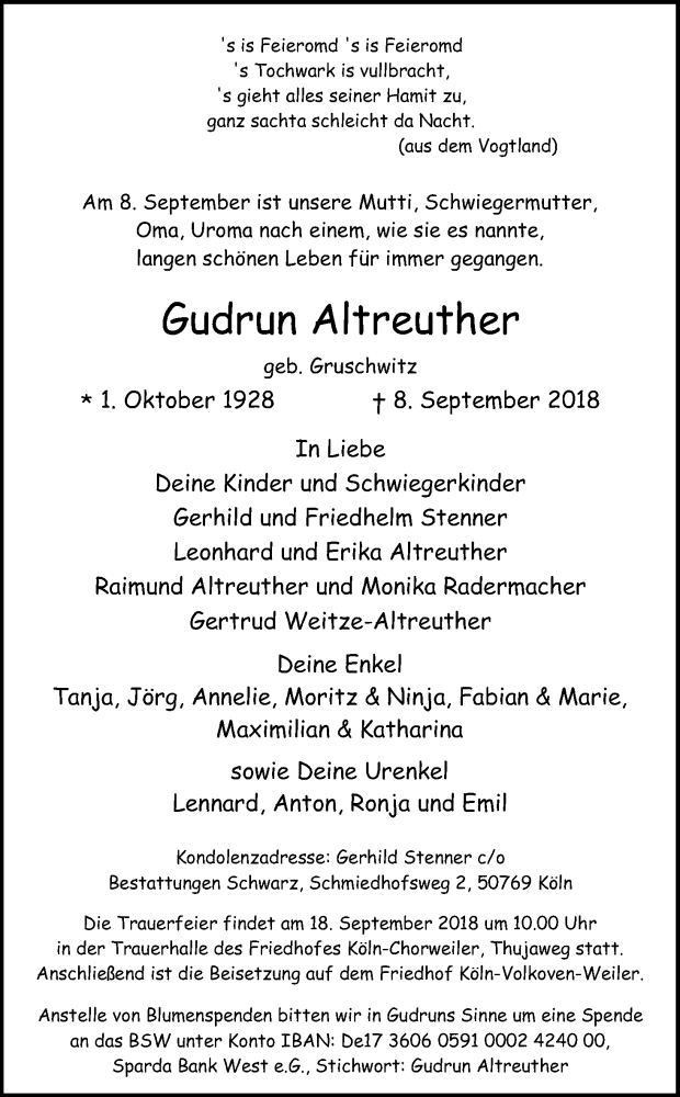  Traueranzeige für Gudrun Altreuther vom 15.09.2018 aus Kölner Stadt-Anzeiger / Kölnische Rundschau / Express