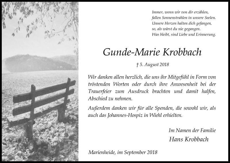  Traueranzeige für Gunde-Marie Krobbach vom 28.09.2018 aus Kölner Stadt-Anzeiger / Kölnische Rundschau / Express
