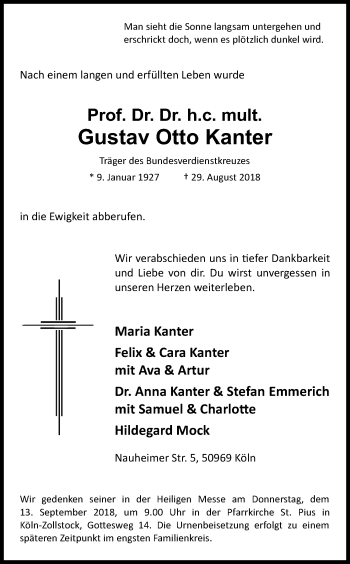 Anzeige von Gustav Otto Kanter von Kölner Stadt-Anzeiger / Kölnische Rundschau / Express