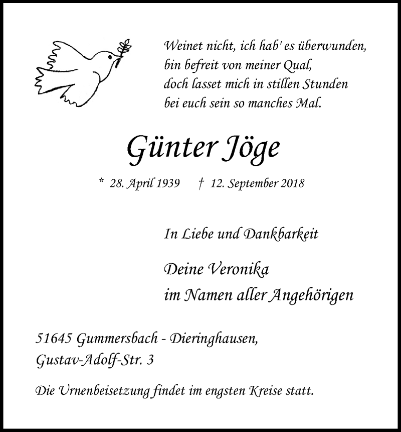  Traueranzeige für Günter Jöge vom 21.09.2018 aus Kölner Stadt-Anzeiger / Kölnische Rundschau / Express