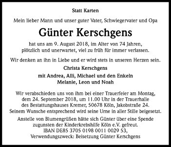 Anzeige von Günter Kerschgens von Kölner Stadt-Anzeiger / Kölnische Rundschau / Express
