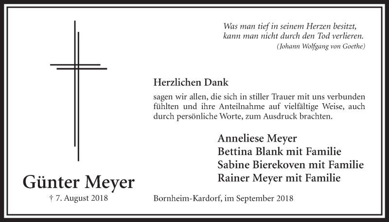  Traueranzeige für Günter Meyer vom 26.09.2018 aus  Schlossbote/Werbekurier 