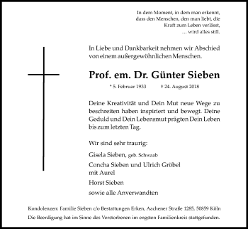 Anzeige von Günter Sieben von Kölner Stadt-Anzeiger / Kölnische Rundschau / Express