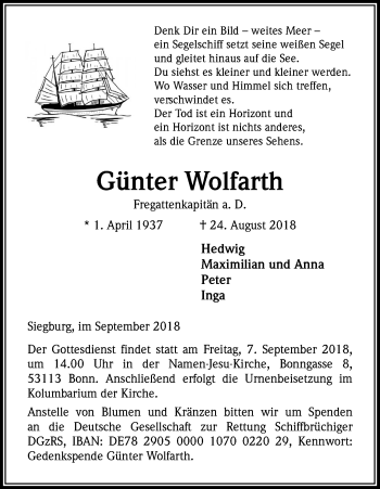 Anzeige von Günter Wolfarth von Kölner Stadt-Anzeiger / Kölnische Rundschau / Express
