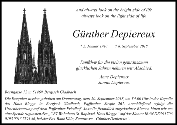 Anzeige von Günther Depiereux von Kölner Stadt-Anzeiger / Kölnische Rundschau / Express