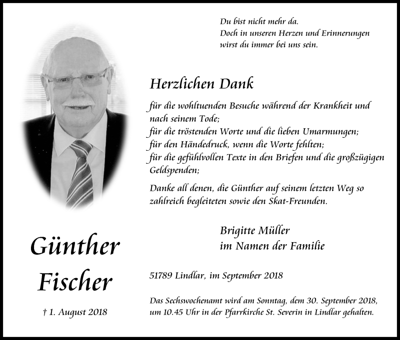  Traueranzeige für Günther Fischer vom 29.09.2018 aus Kölner Stadt-Anzeiger / Kölnische Rundschau / Express