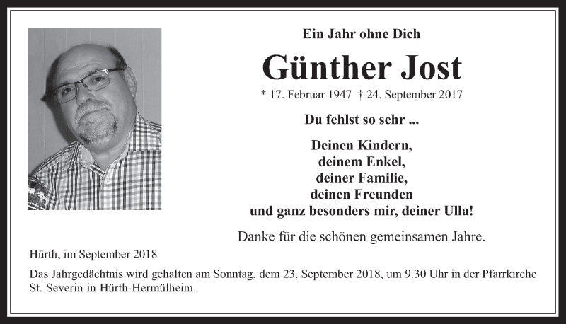  Traueranzeige für Günther Jost vom 19.09.2018 aus  Wochenende 