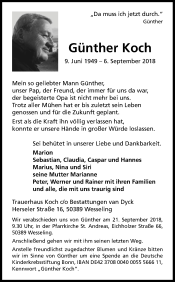 Anzeige von Günther Koch von Kölner Stadt-Anzeiger / Kölnische Rundschau / Express