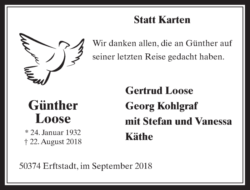  Traueranzeige für Günther Loose vom 19.09.2018 aus  Werbepost 