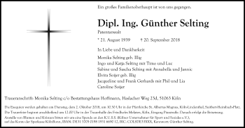 Anzeige von Günther Selting von Kölner Stadt-Anzeiger / Kölnische Rundschau / Express