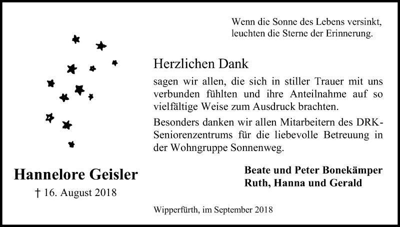  Traueranzeige für Hannelore Geisler vom 22.09.2018 aus Kölner Stadt-Anzeiger / Kölnische Rundschau / Express