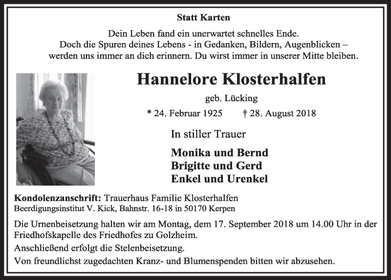  Traueranzeige für Hannelore Klosterhalfen vom 08.09.2018 aus  Sonntags-Post 