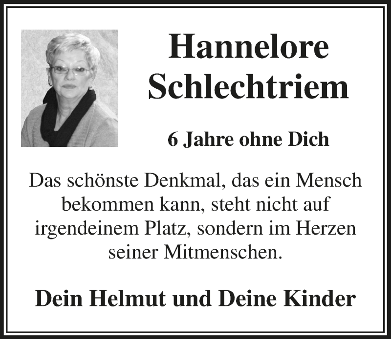  Traueranzeige für Hannelore Schlechtriem vom 26.09.2018 aus  Lokalanzeiger 