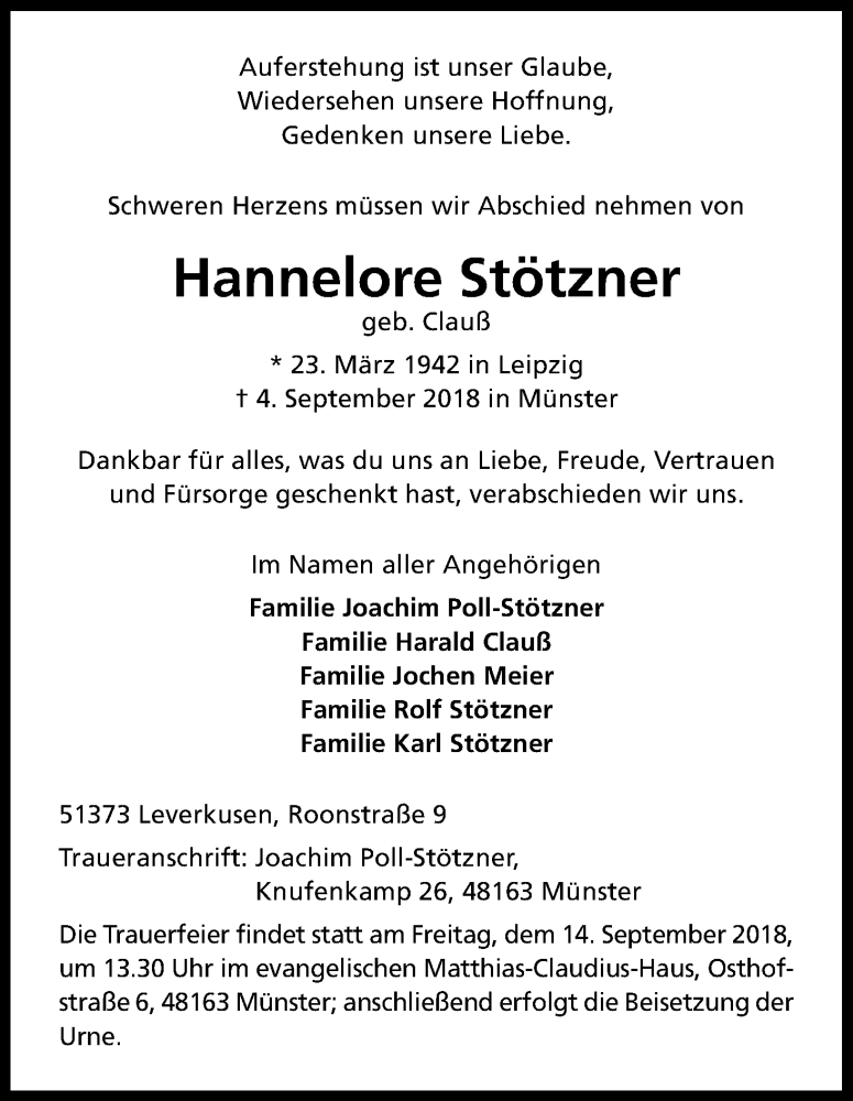  Traueranzeige für Hannelore Stötzner vom 11.09.2018 aus Kölner Stadt-Anzeiger / Kölnische Rundschau / Express