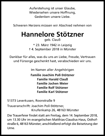 Anzeige von Hannelore Stötzner von Kölner Stadt-Anzeiger / Kölnische Rundschau / Express