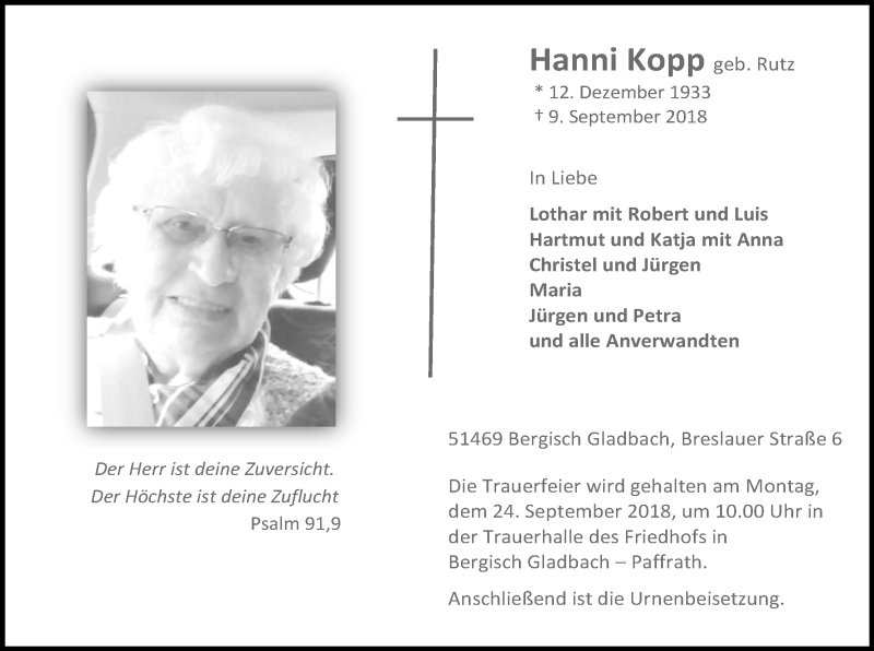  Traueranzeige für Hanni Kopp vom 15.09.2018 aus Kölner Stadt-Anzeiger / Kölnische Rundschau / Express