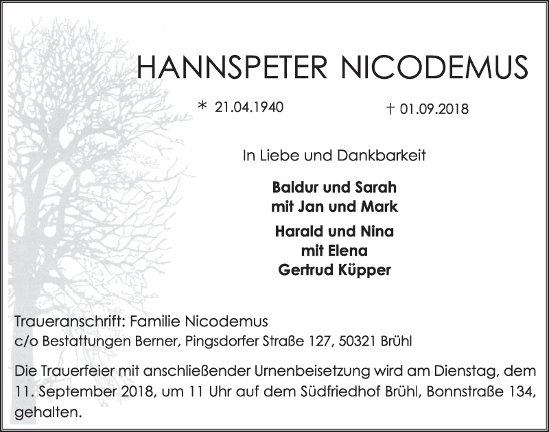  Traueranzeige für Hannspeter Nicodemus vom 05.09.2018 aus  Schlossbote/Werbekurier 