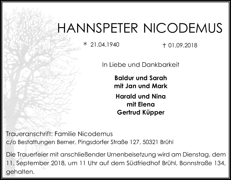  Traueranzeige für Hannspeter Nicodemus vom 08.09.2018 aus Kölner Stadt-Anzeiger / Kölnische Rundschau / Express