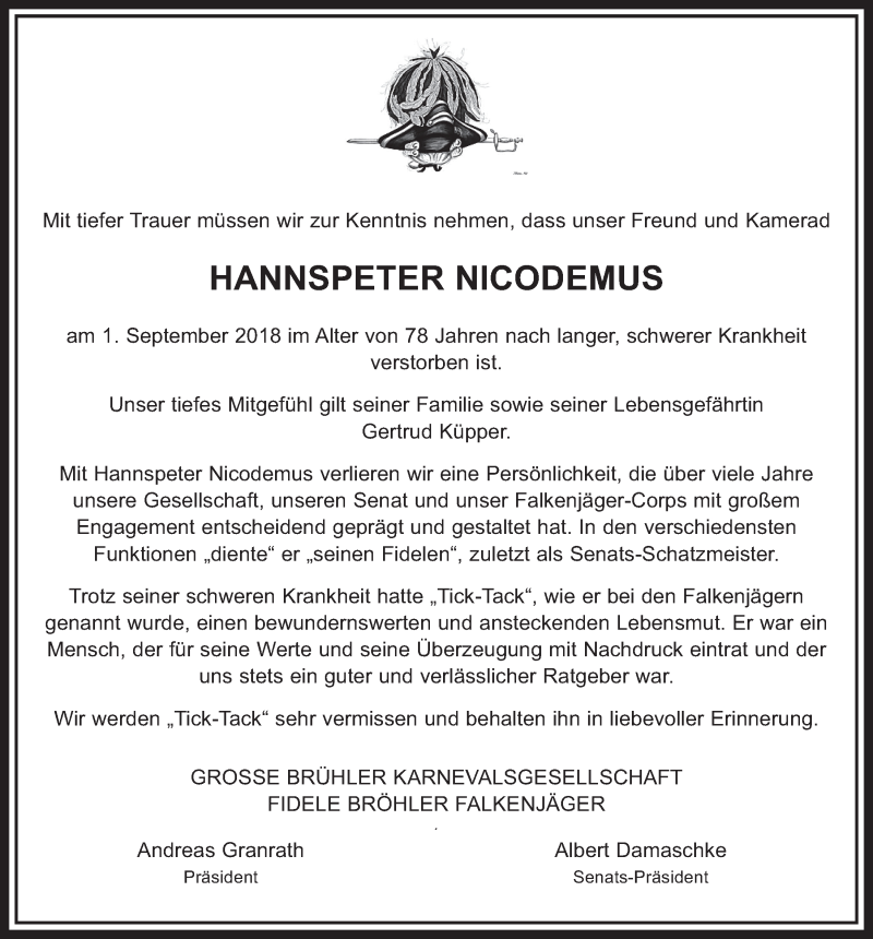  Traueranzeige für Hannspeter Nicodemus vom 12.09.2018 aus  Schlossbote/Werbekurier 