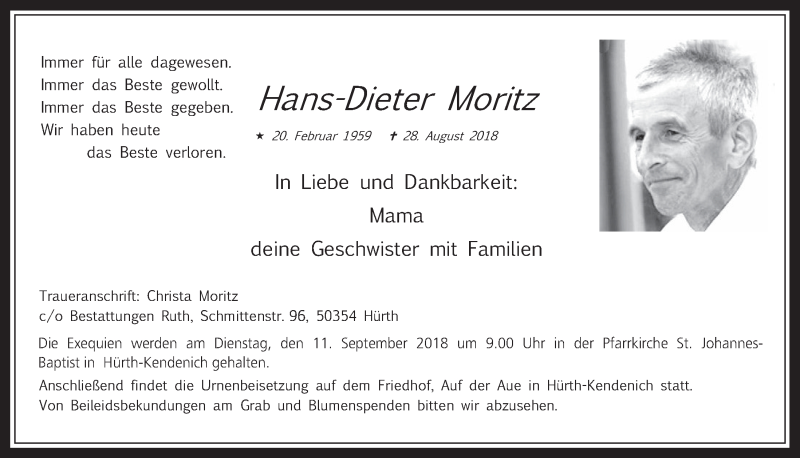  Traueranzeige für Hans-Dieter Moritz vom 05.09.2018 aus  Wochenende 