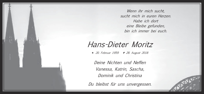  Traueranzeige für Hans-Dieter Moritz vom 05.09.2018 aus  Wochenende 
