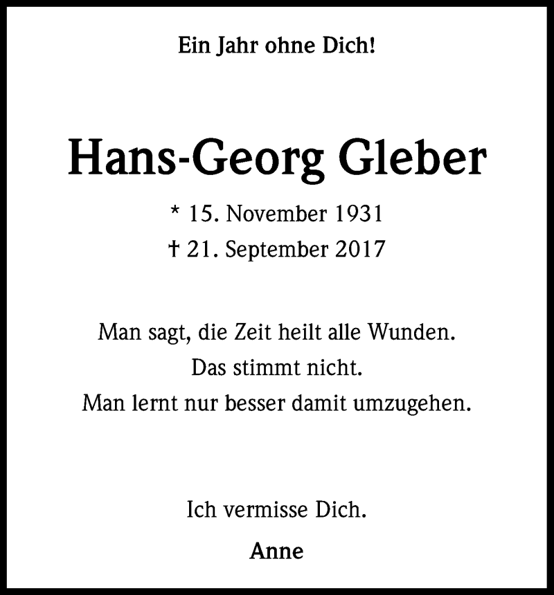  Traueranzeige für Hans-Georg Gleber vom 21.09.2018 aus Kölner Stadt-Anzeiger / Kölnische Rundschau / Express
