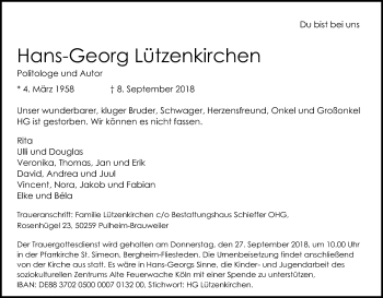 Anzeige von Hans-Georg Lützenkirchen von Kölner Stadt-Anzeiger / Kölnische Rundschau / Express