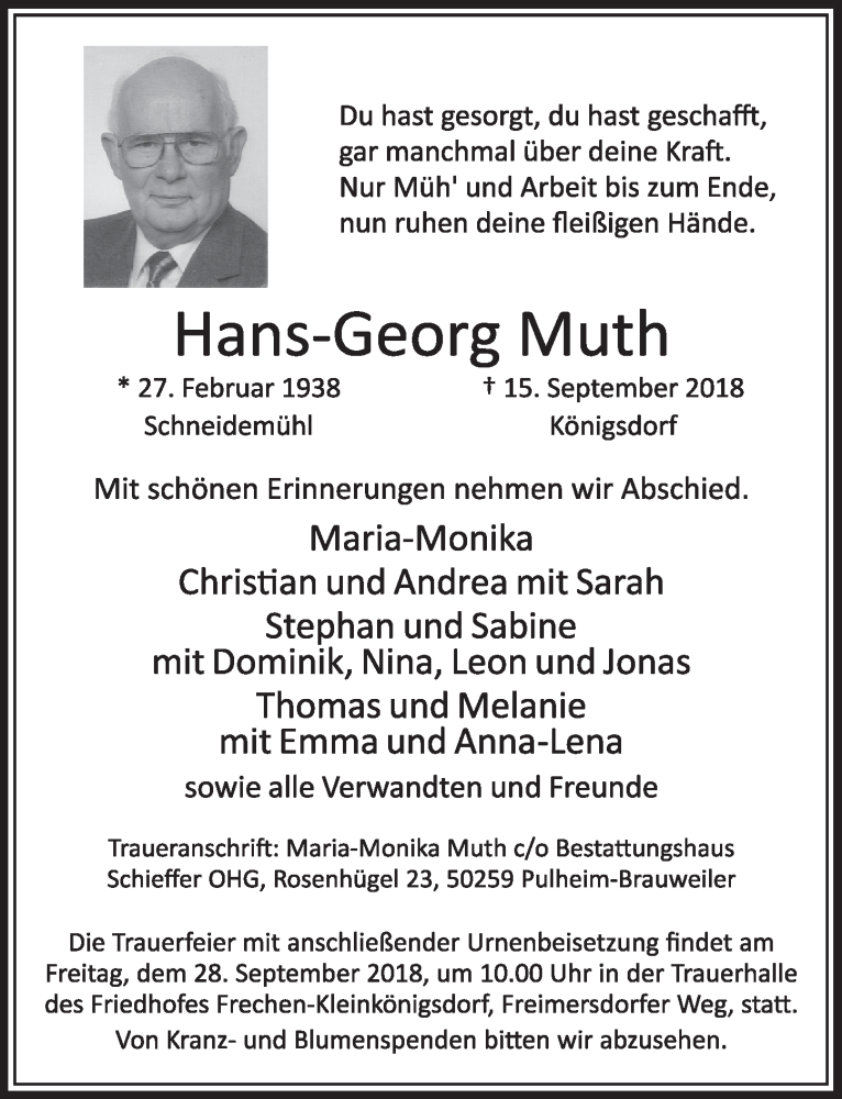  Traueranzeige für Hans-Georg Muth vom 22.09.2018 aus  Sonntags-Post 