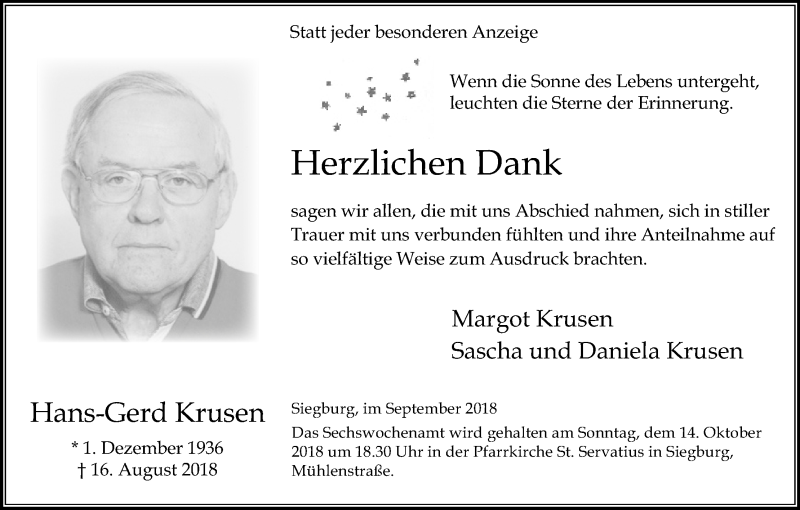  Traueranzeige für Hans-Gerd Krusen vom 15.09.2018 aus Kölner Stadt-Anzeiger / Kölnische Rundschau / Express