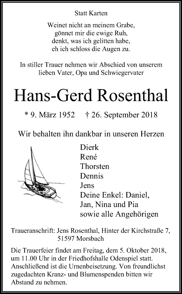  Traueranzeige für Hans-Gerd Rosenthal vom 29.09.2018 aus Kölner Stadt-Anzeiger / Kölnische Rundschau / Express