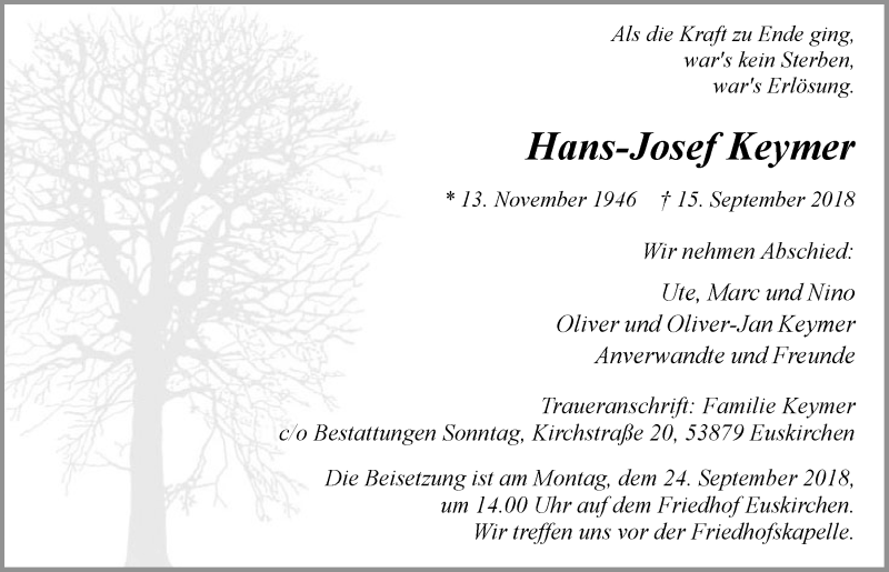  Traueranzeige für Hans-Josef Keymer vom 22.09.2018 aus  Blickpunkt Euskirchen 