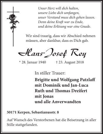 Anzeige von Hans-Josef Rey von  Sonntags-Post 