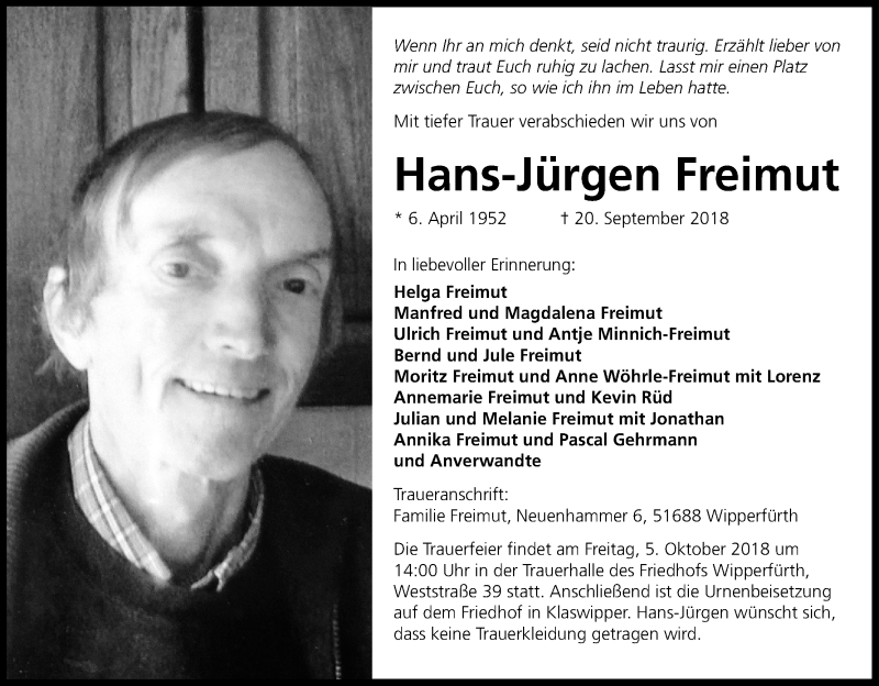  Traueranzeige für Hans-Jürgen Freimut vom 29.09.2018 aus Kölner Stadt-Anzeiger / Kölnische Rundschau / Express