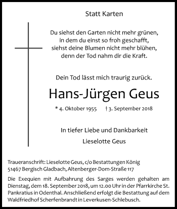 Anzeige von Hans-Jürgen Geus von Kölner Stadt-Anzeiger / Kölnische Rundschau / Express