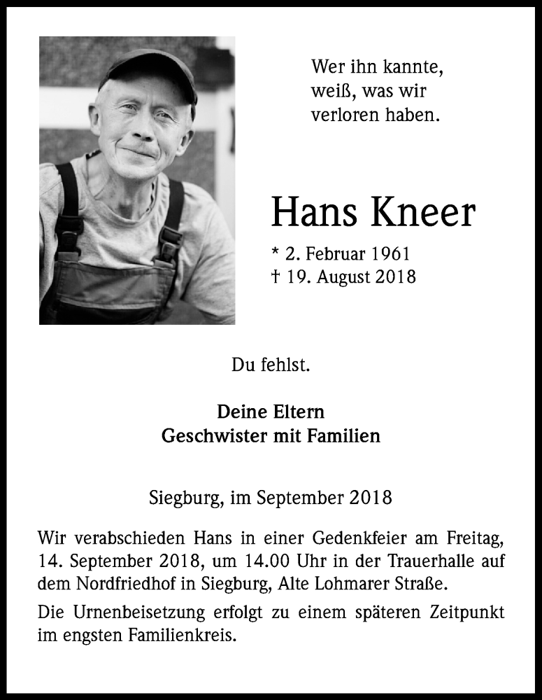  Traueranzeige für Hans Kneer vom 08.09.2018 aus Kölner Stadt-Anzeiger / Kölnische Rundschau / Express